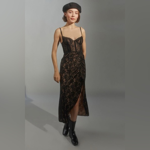 Urban Outfitters Dresses & Skirts - URBAN OUTFITTERS Angelica Corset Midi Dress Black Lace Front Slit Size Small